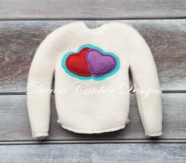 In The Hoop Double Heart Applique Holiday Sweater AND Shirt Elf/Doll Christmas Feltie Embroidery Design