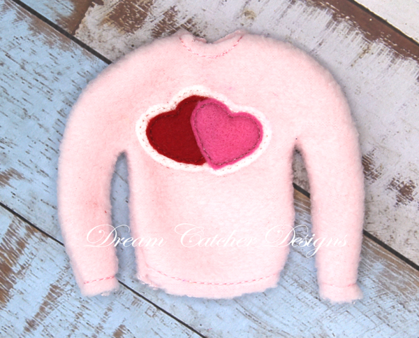 In The Hoop Double Heart Applique Holiday Sweater AND Shirt Elf/Doll Christmas Feltie Embroidery Design - Image 2